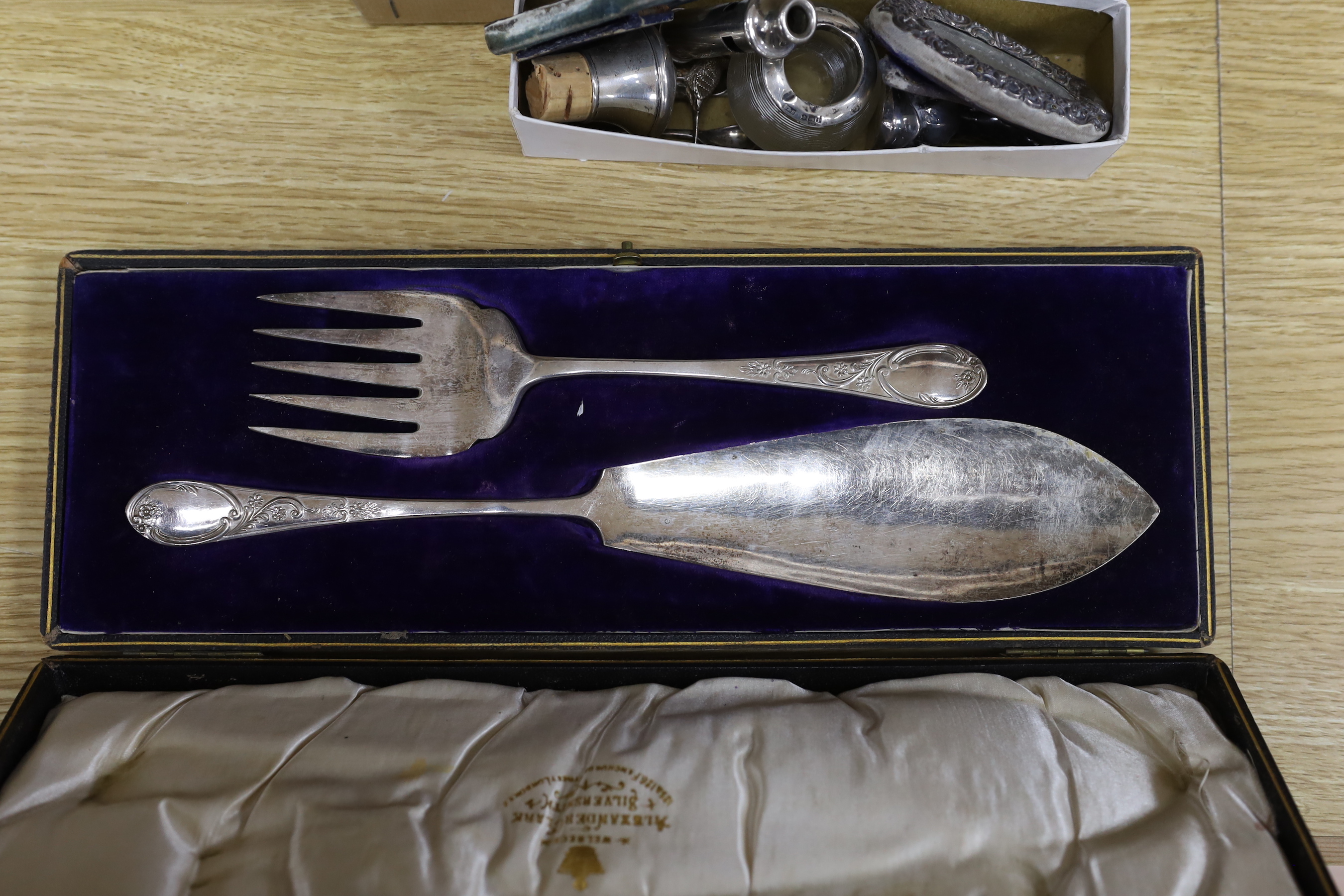 A plated tray, mixed silver and other squat candlesticks, photo frames etc